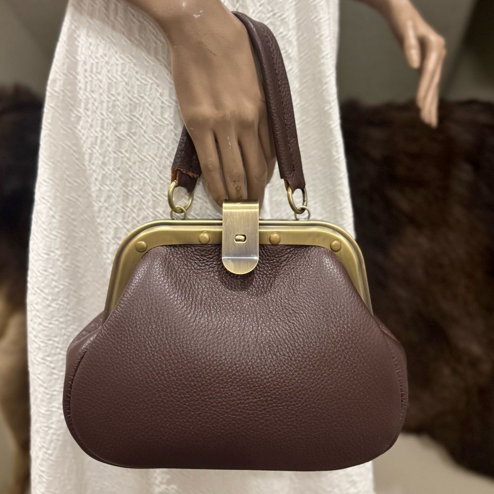 Pebble Cowhide Handmade Unique Rivet Frame Push Lock Handbag, Multi Use Style - Picture 4 of 16